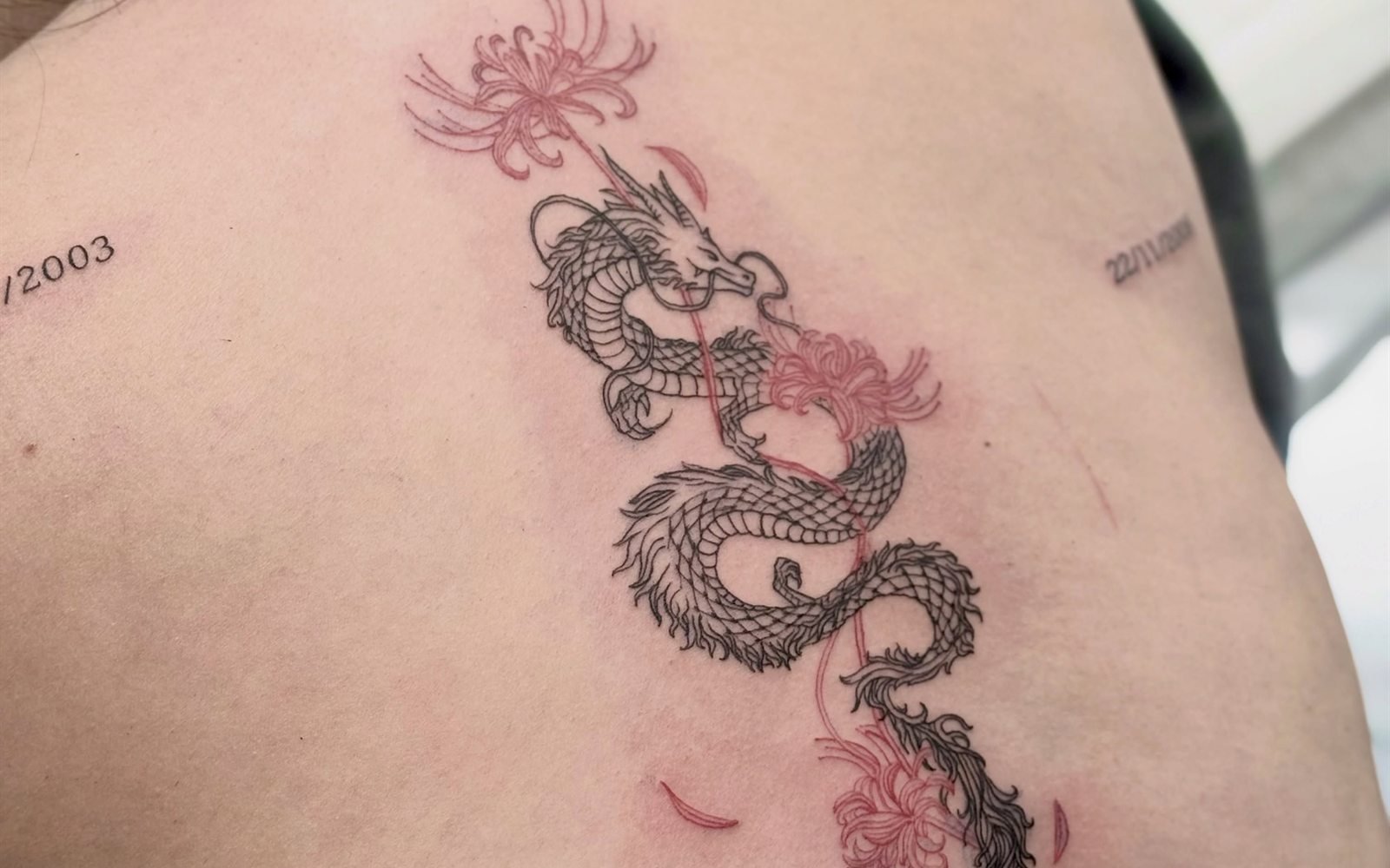 Tatouage d’un dragon entouré de fleurs rouges, sur l’omoplate